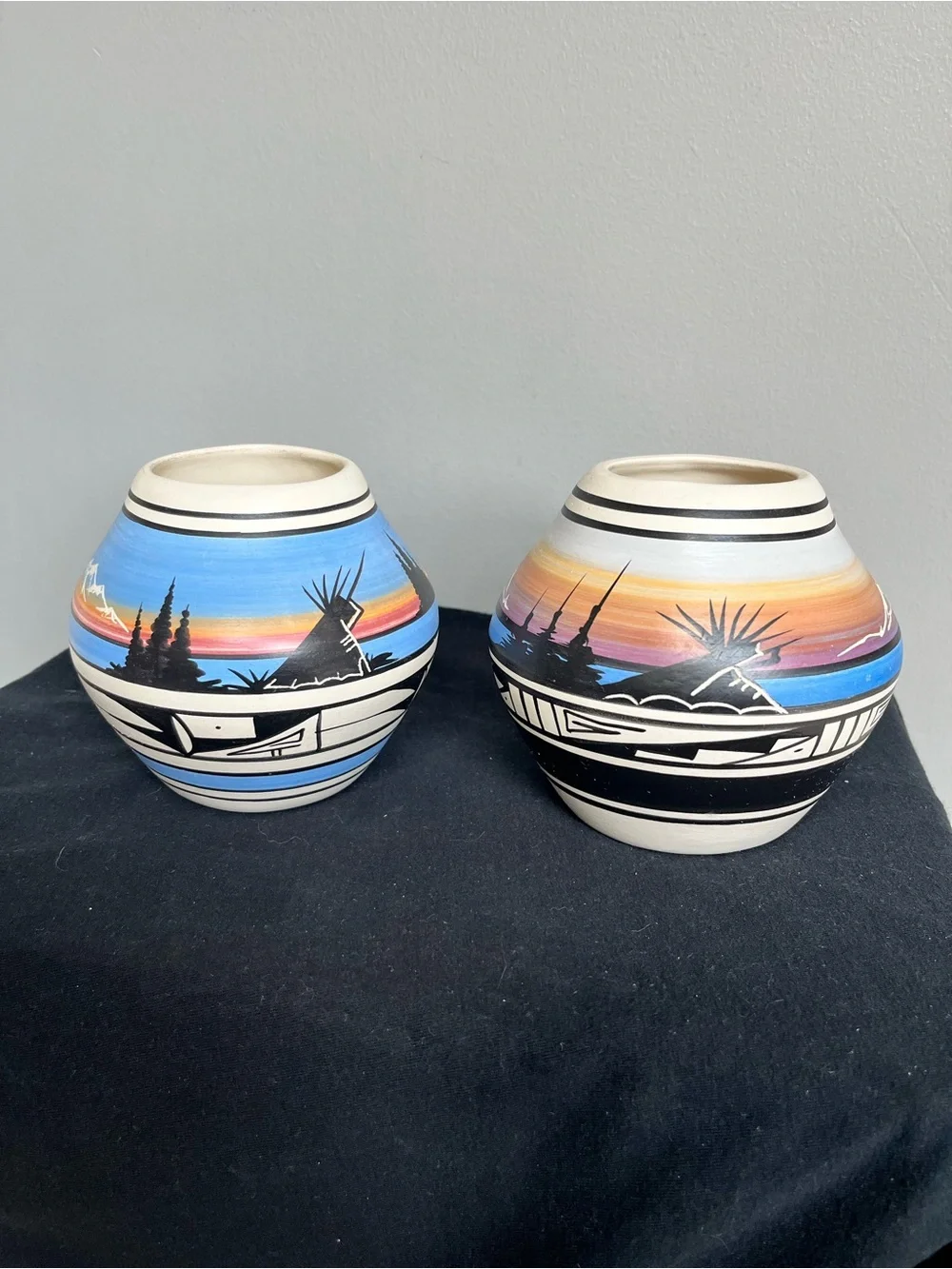 Signed Navajo Naatsiilid Cedar Mesa Pottery Pair Sunset Landscape Etched Vessels